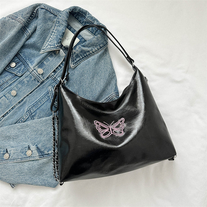 Butterfly-Embroidered Slouchy Handbag