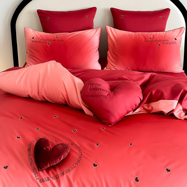 Cotton percale duvet cover set with 3D heart appliqué, ombre design and decorative heart pillow
