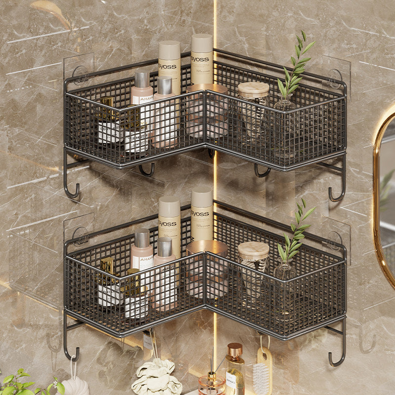 Corner Suction-Mounted Mesh Vanity Organizer with Dual Floating Baskets and Hook Rack