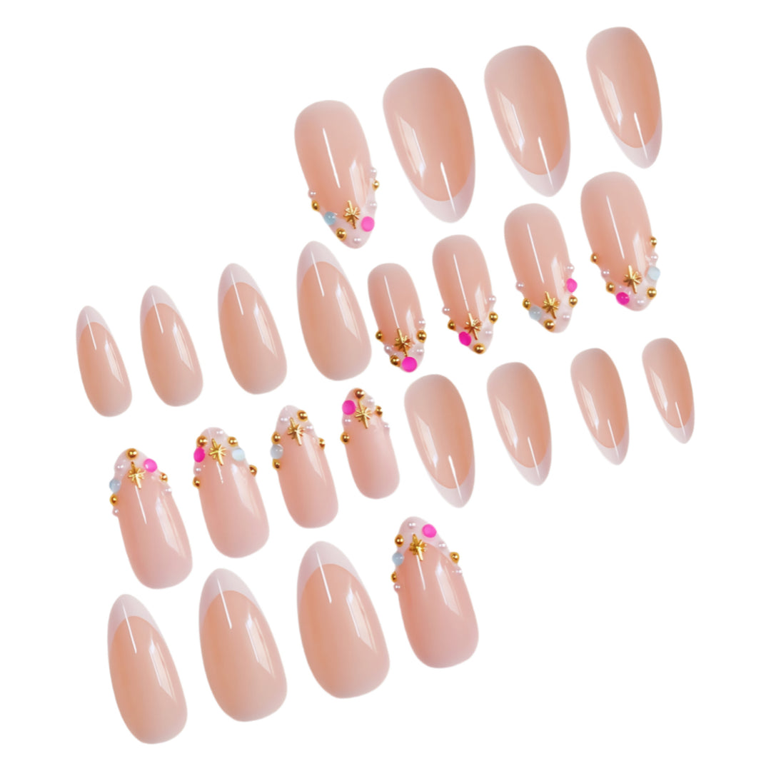 Decorative French Tip Nail Extensions with Gem Accents Kalsten