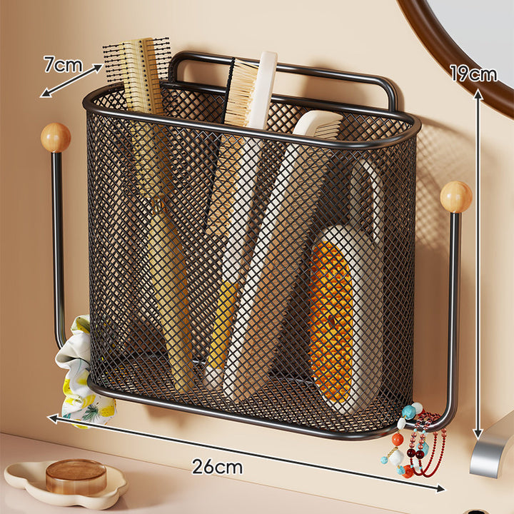 Wall-Mounted Mesh Vanity Organizer Basket with Dual Wooden Knob Hooks