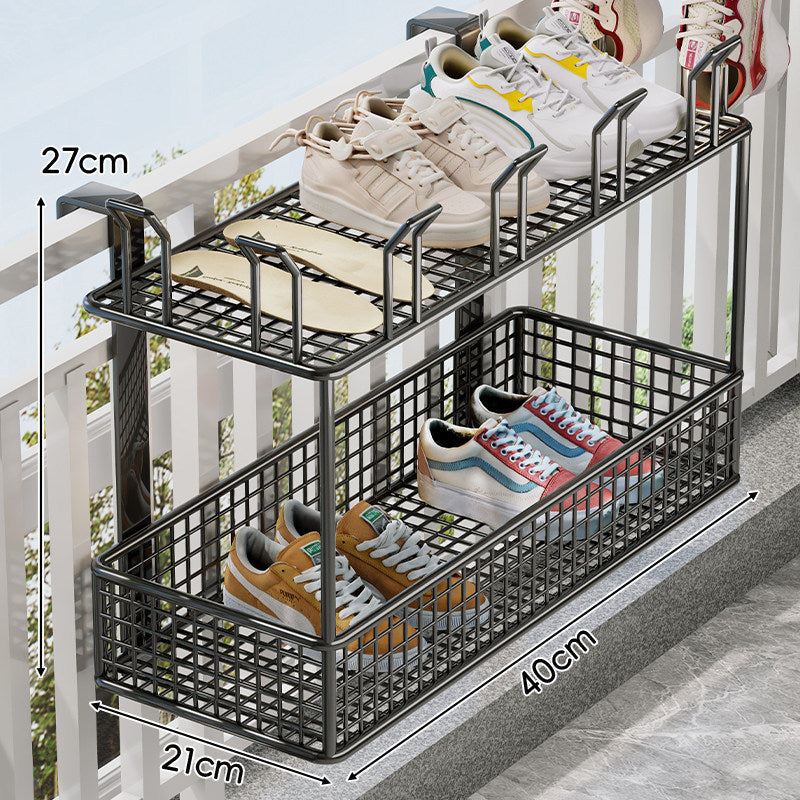 Over-Rail Balcony Shoe Drying and Storage Basket with Divided Mesh Compartments