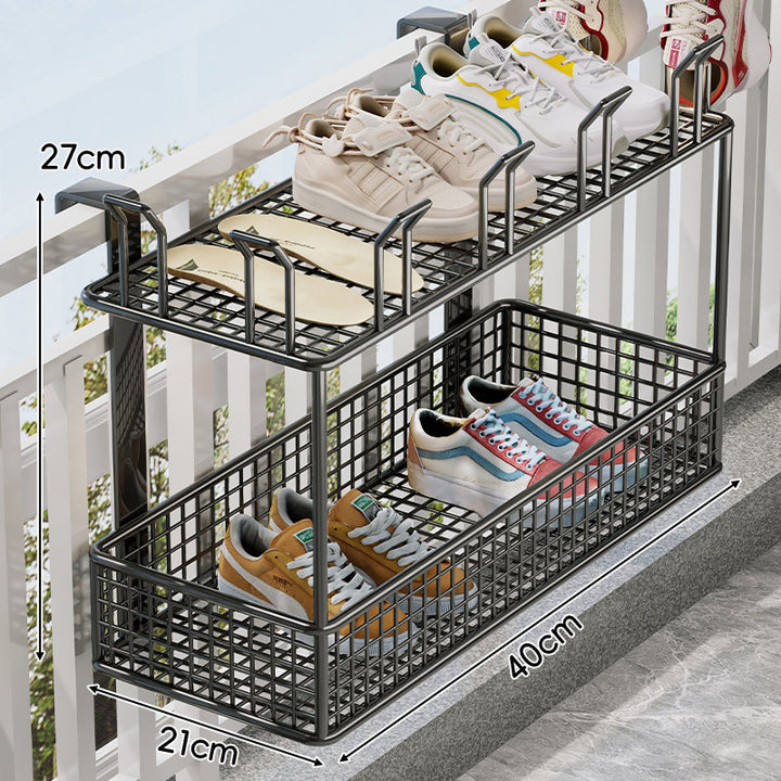 Over-Rail Balcony Shoe Drying and Storage Basket with Divided Mesh Compartments