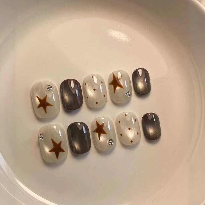 Artistic Press-On Nail Set with Star and Polka Dot Designs