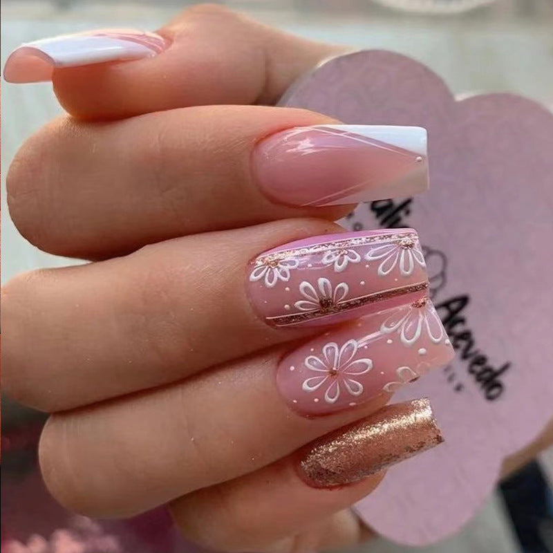 Artful Gel Nails with Elegant Floral Design and Glitter Accents Kalsten