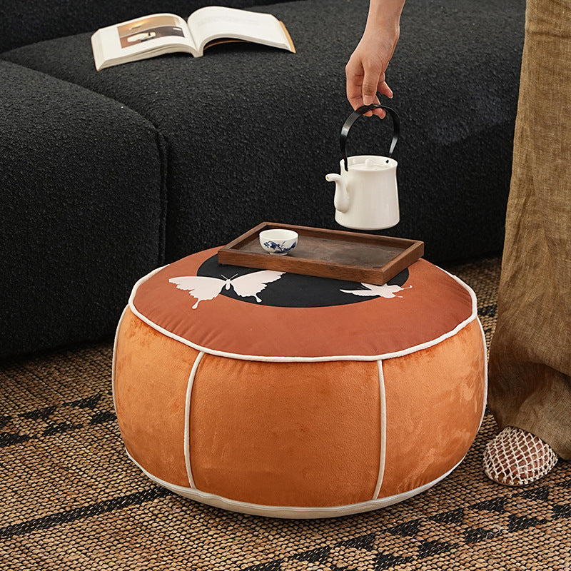 Beef meditation and seat pouf with orchid print and decorative piping