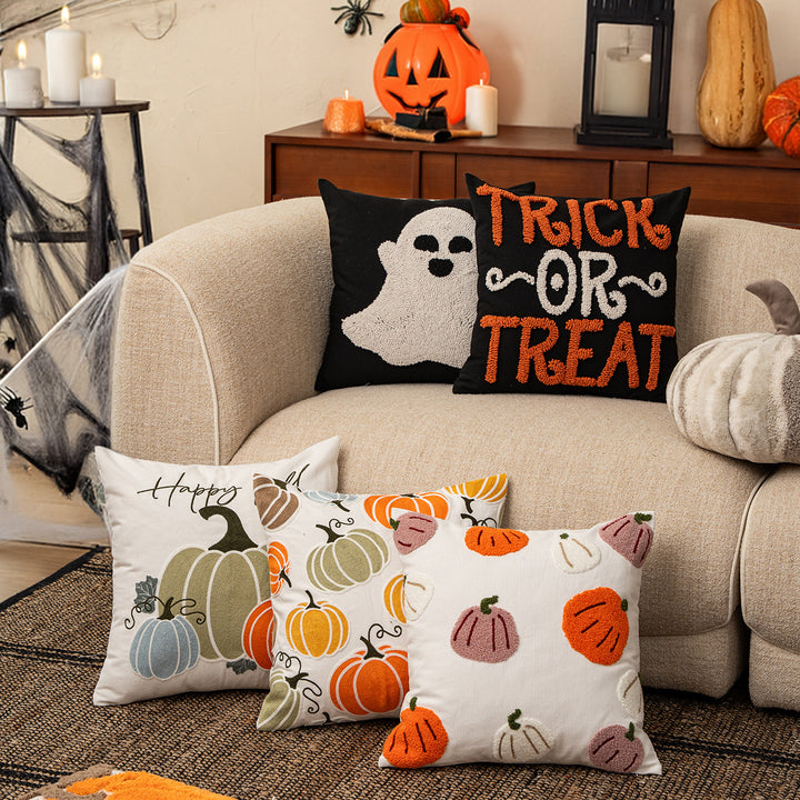 Embroidered decorative pillow cover with ghost tufting and hidden zipper