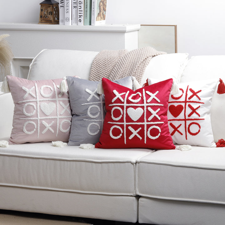 Plush Heart Appliqué Tassel Corner Decorative Throw Pillow Cover