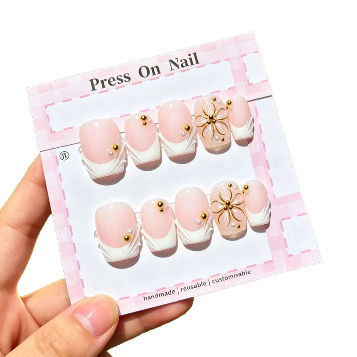 Artistic Press-On Nail Set with Floral and Gem Accents  1791773427