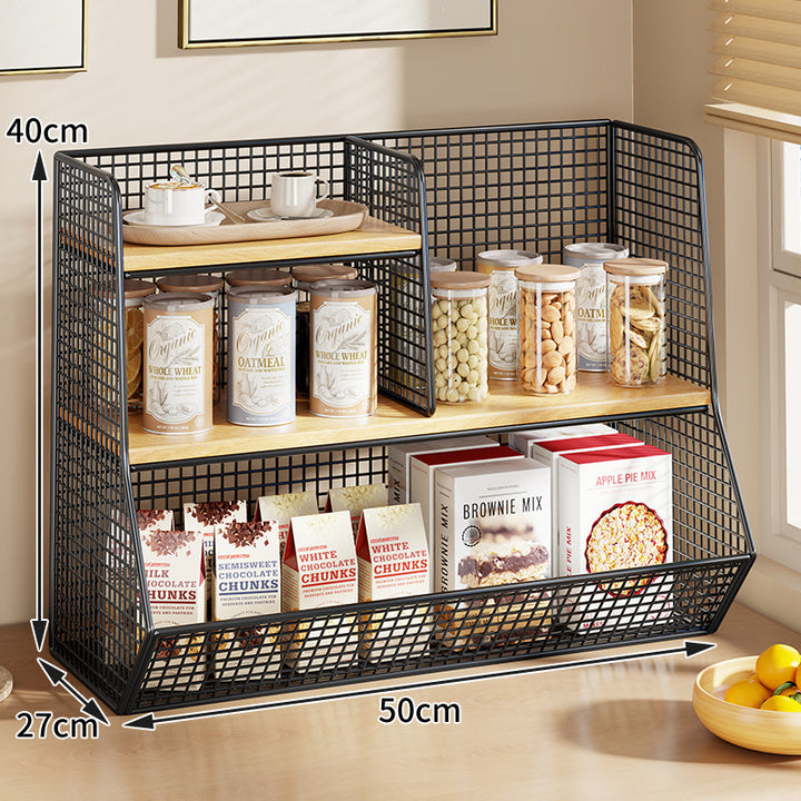 Multi-Tier Wire Mesh Countertop Pantry Organizer with Wood Shelves and Basket