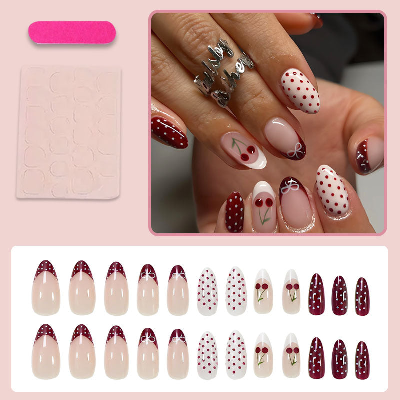 Artificial nail set with elegant cherry and polka dot patterns Kalsten