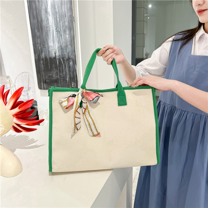 Spacious Canvas Tote Bag with Decorative Ribbon