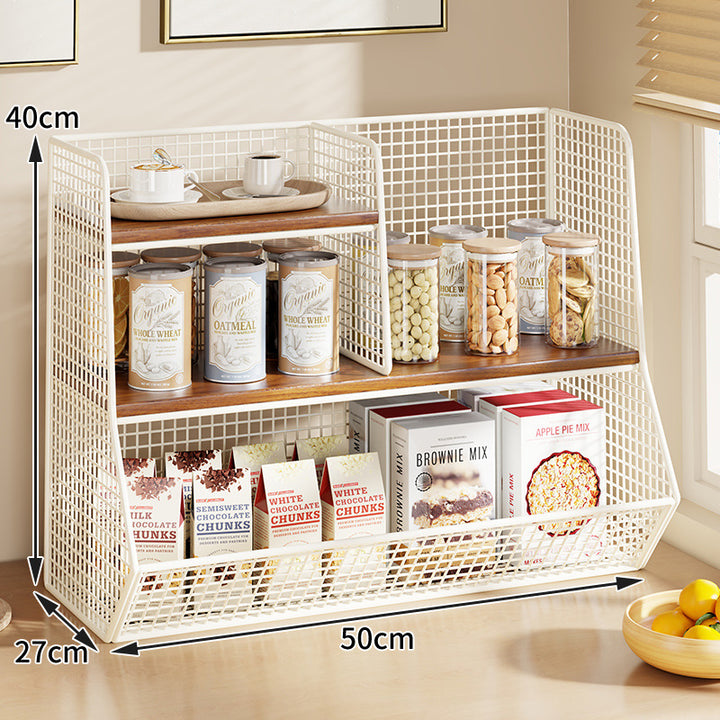 Multi-Tier Wire Mesh Countertop Pantry Organizer with Wood Shelves and Basket