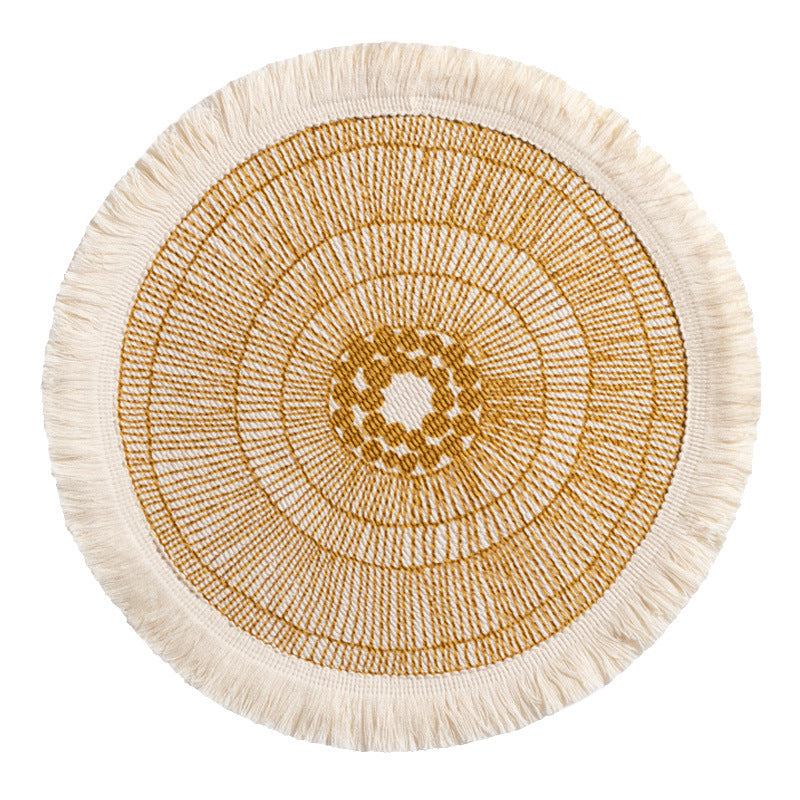 Beef handwoven cotton rug with fringes and graphic ethnic jacquard