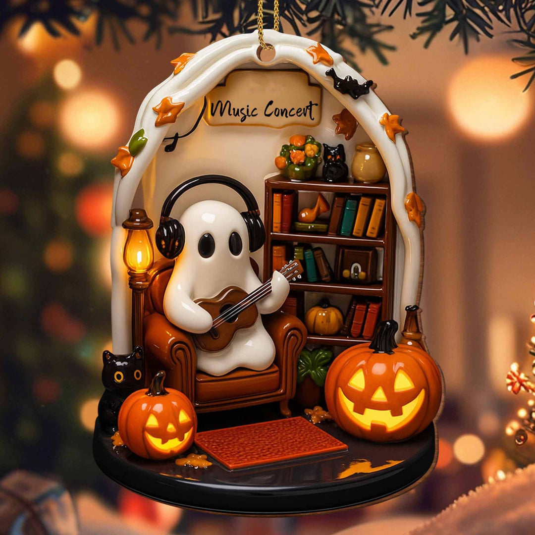 Hanging Halloween decoration pendant made of resin with ghost knitting and LED lighting