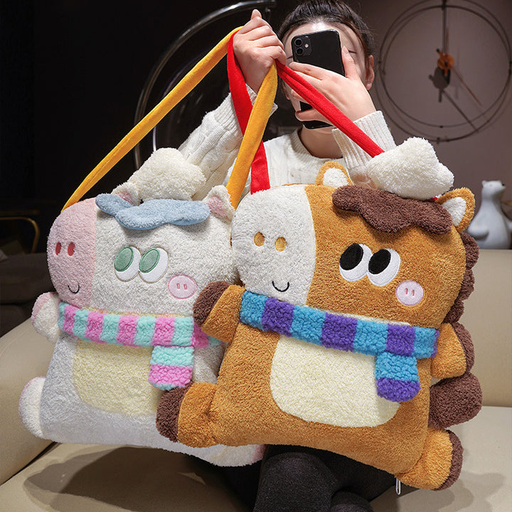 Cozy plush shoulder bag with animal motif and padded carrying handle