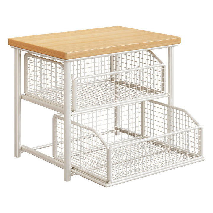 Countertop Wooden Top Metal Storage Rack with Sliding Wire Basket