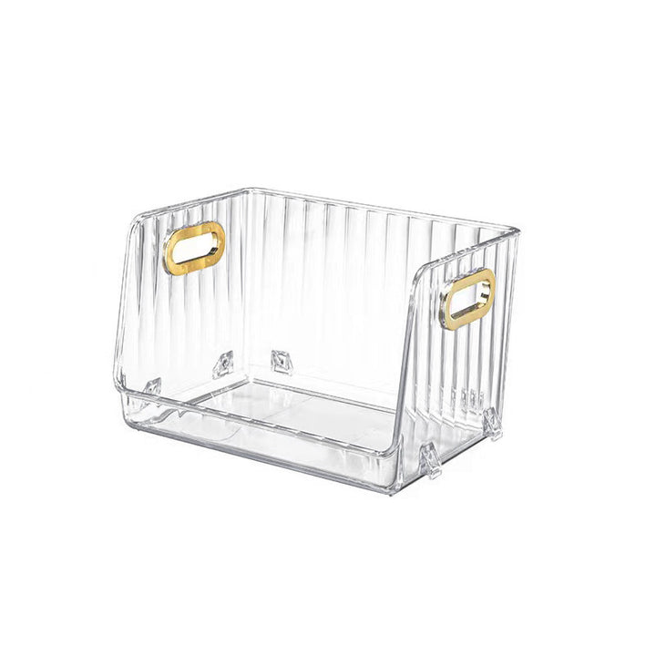 Transparent storage box with front opening, ribbed structure and integrated grip openings