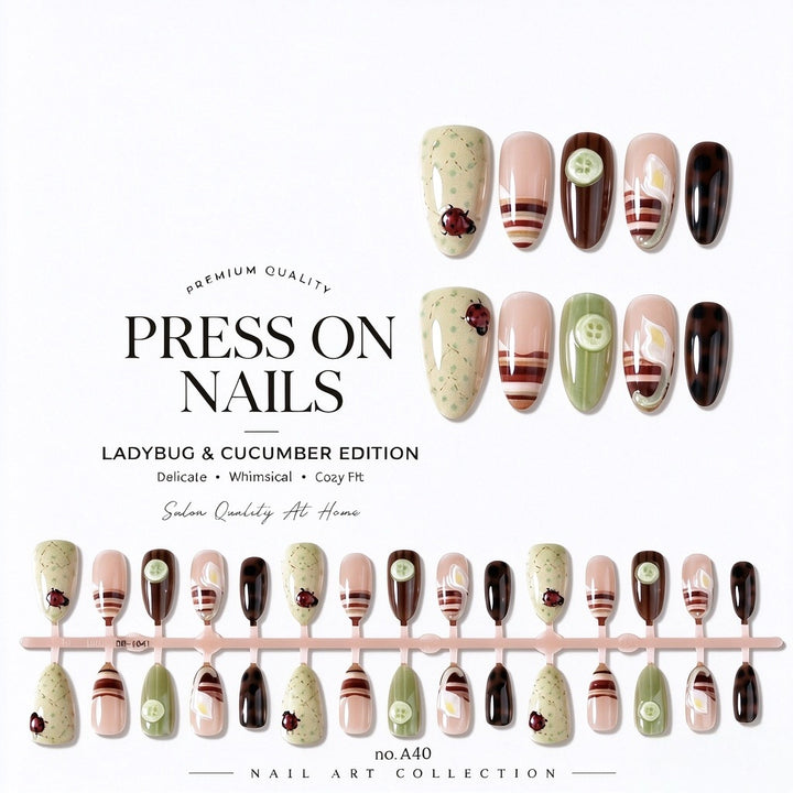 Whimsical Ladybug & Cucumber Press-On Nails
