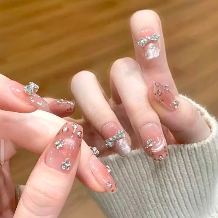 Decorative Press-On Nail Set with Bow Embellishments