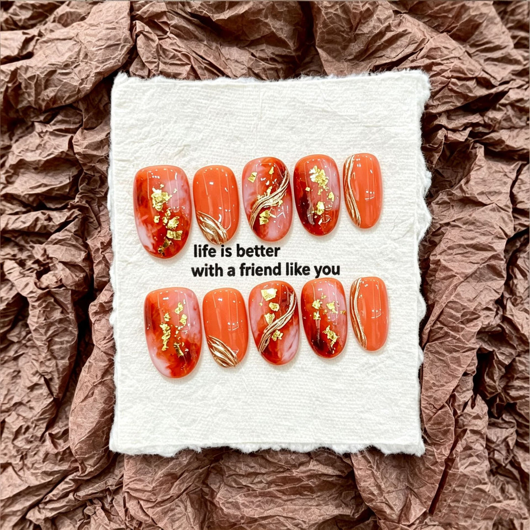 Artistic Press-On Nail Art Set with Elegant Leaf Accents