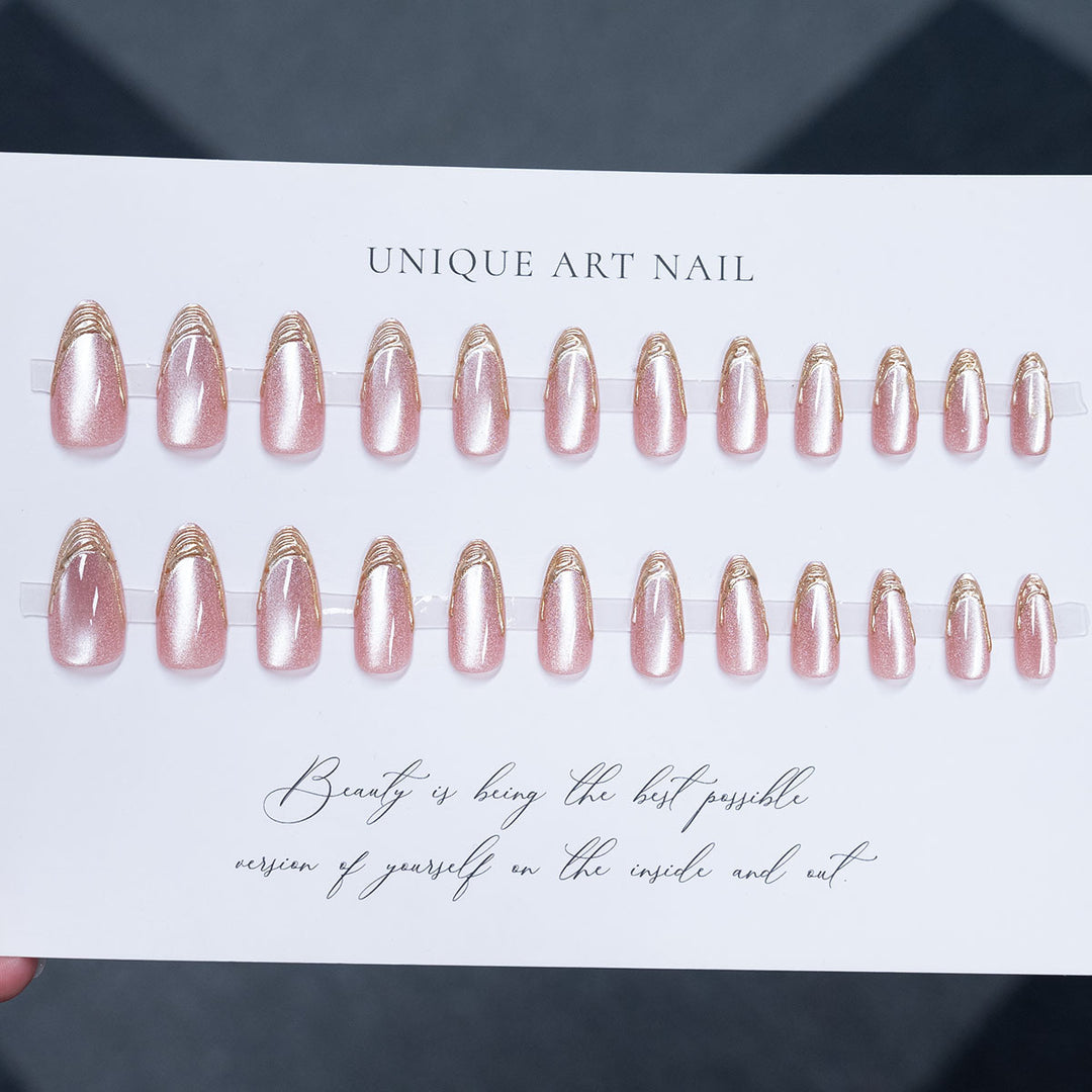 Elegant Almond-Shaped Press-On Nails with Golden Details