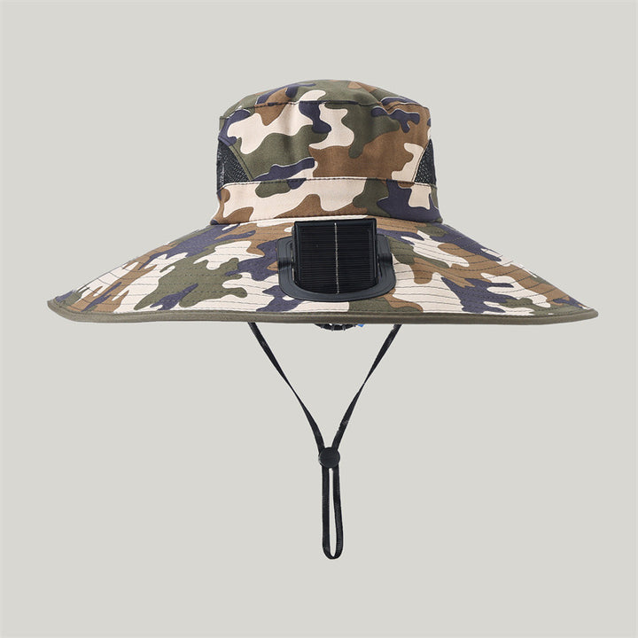 Wide-brimmed outdoor sun hat with solar-powered micro fan, breathable mesh and adjustable chin strap Kalsten