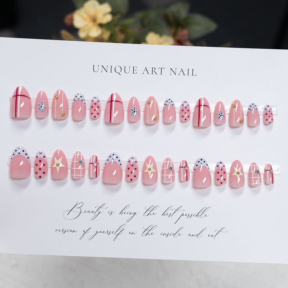Decorative Artistic Press-On Nails with Star and Polka Dot Design