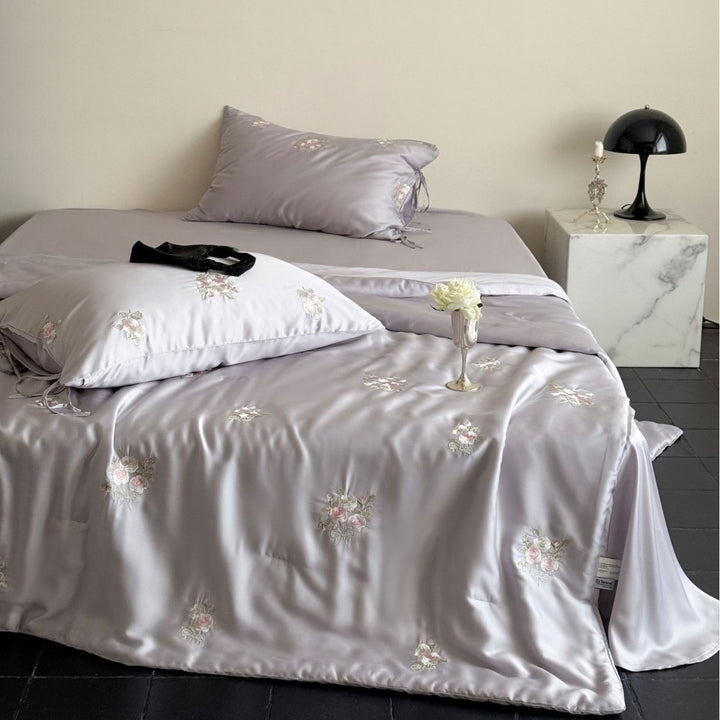 Luxurious Embroidered Satin Bedding Set with Rose Pattern and Ribbon Pillow