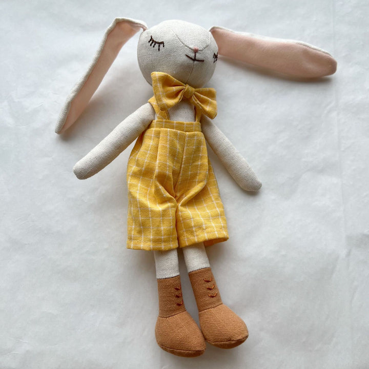 Handcrafted Linen Bunny Rag Doll with Long Ears and Gingham Dress