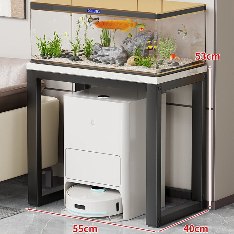 Gold Metal Aquarium Console Table with Faux Marble Top and Robot Vacuum Storage
