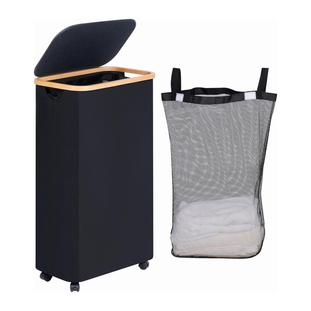 High-quality laundry container with bamboo lid and practical carrying handle Kalsten