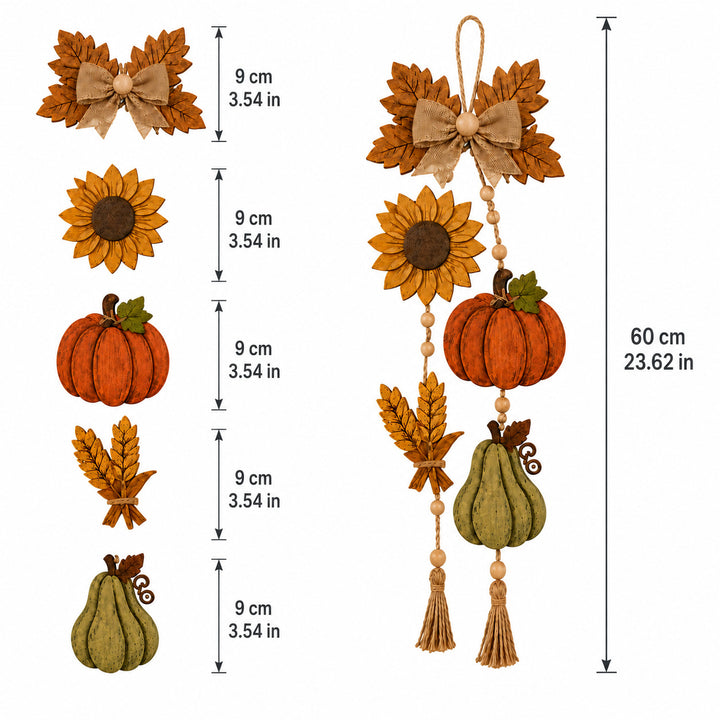 Autumn wall hanging garland in wood look with pumpkin, sunflower and tassels