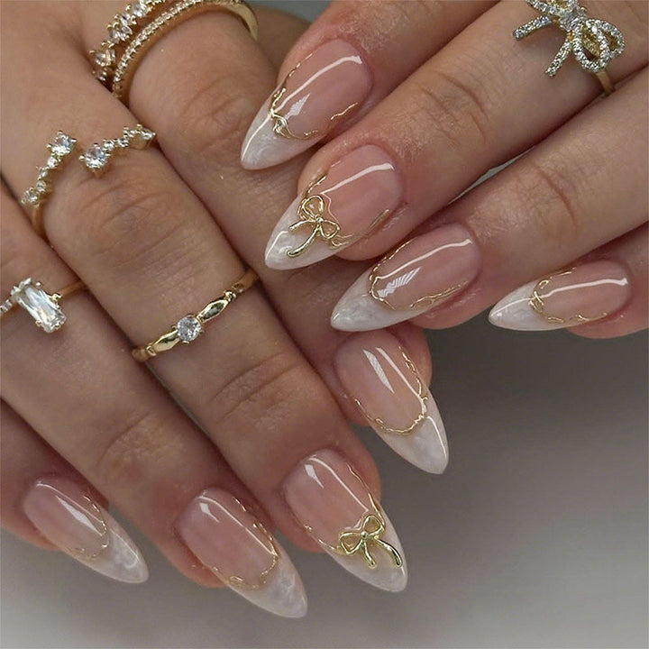 Decorative Stiletto Press-On Nails with Elegant Gold Accents