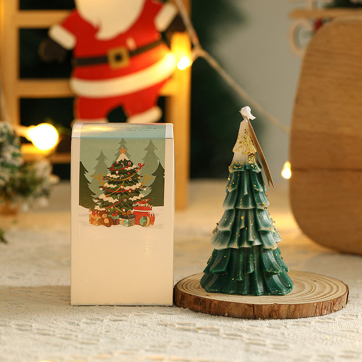 Festive Layered Pine-Needle Textured Decorative Tabletop Wax Tree Candle