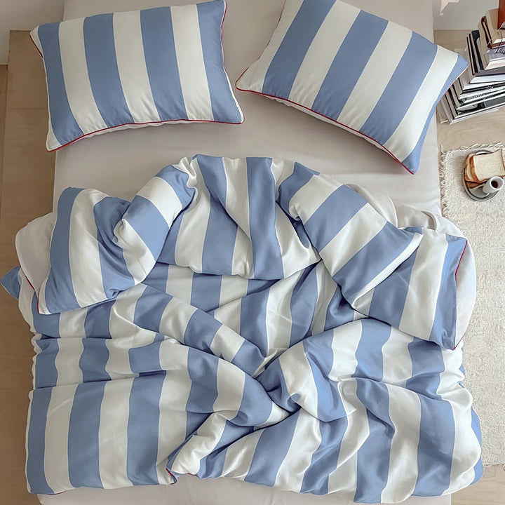 Luxurious cotton satin bedding set with fine striped pattern and piping