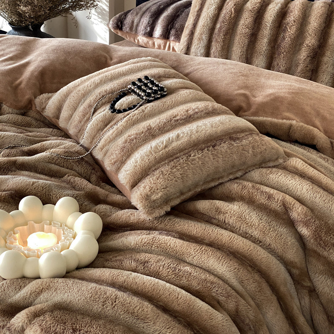 Luxury faux fur throw and cushion set with striped texture