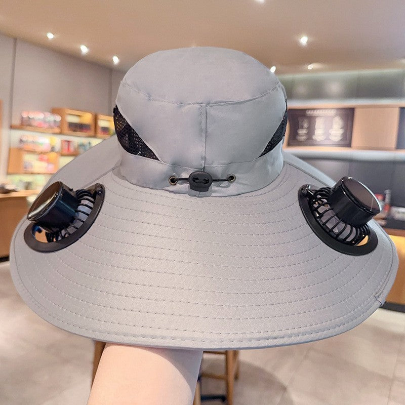 Ventilated sun hat with integrated battery fans, breathable mesh inserts, and adjustable chin strap Kalsten