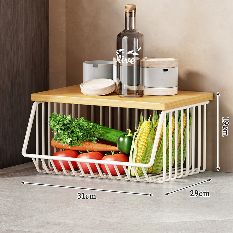 Vertical Five-Tier Rolling Kitchen Produce Storage Cart with Wooden Top and Pull-Out Wire Baskets