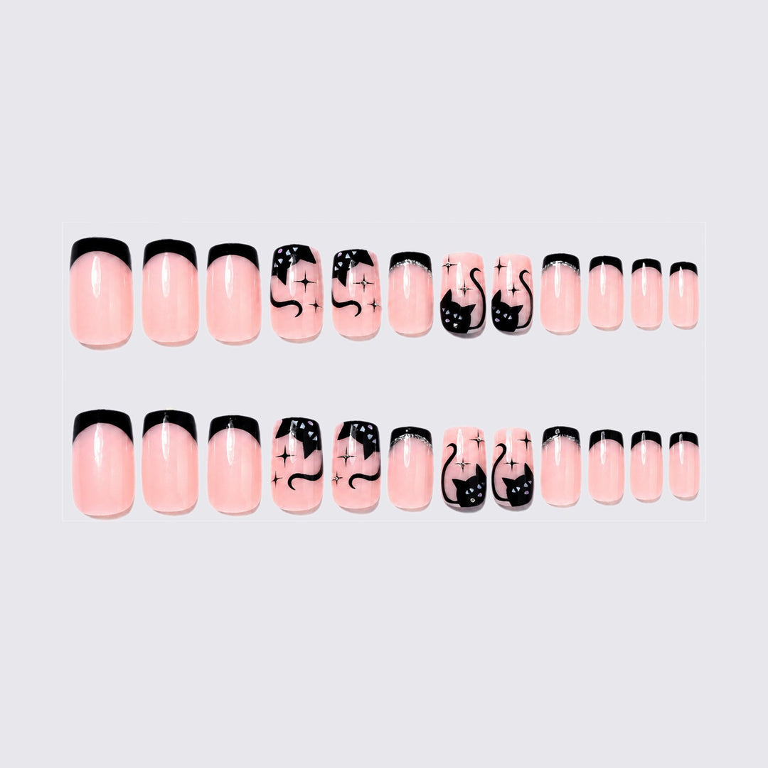 Acrylic nail set with glamorous black designs and sparkling accents Kalsten