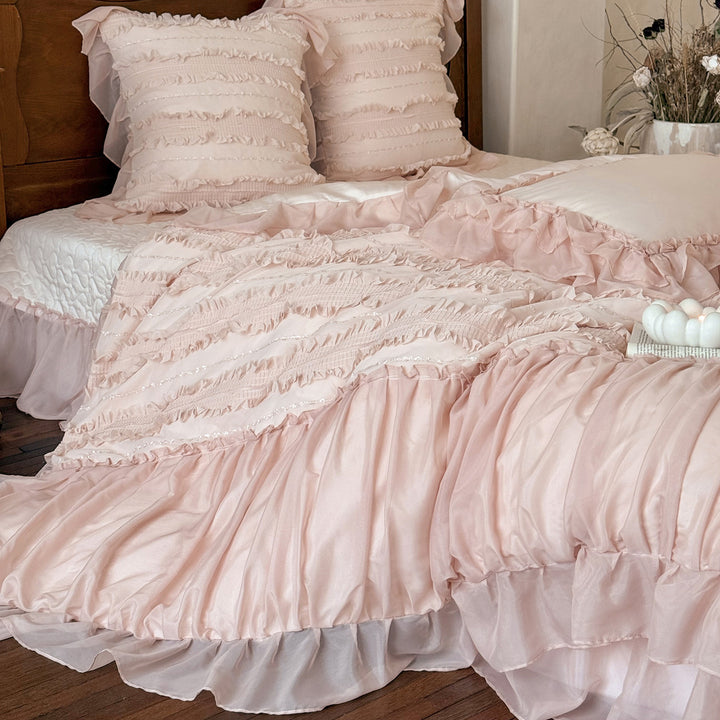 Romantic bedding complete set with ruffled bedspread, ruffle bed skirt, and decorative pillow