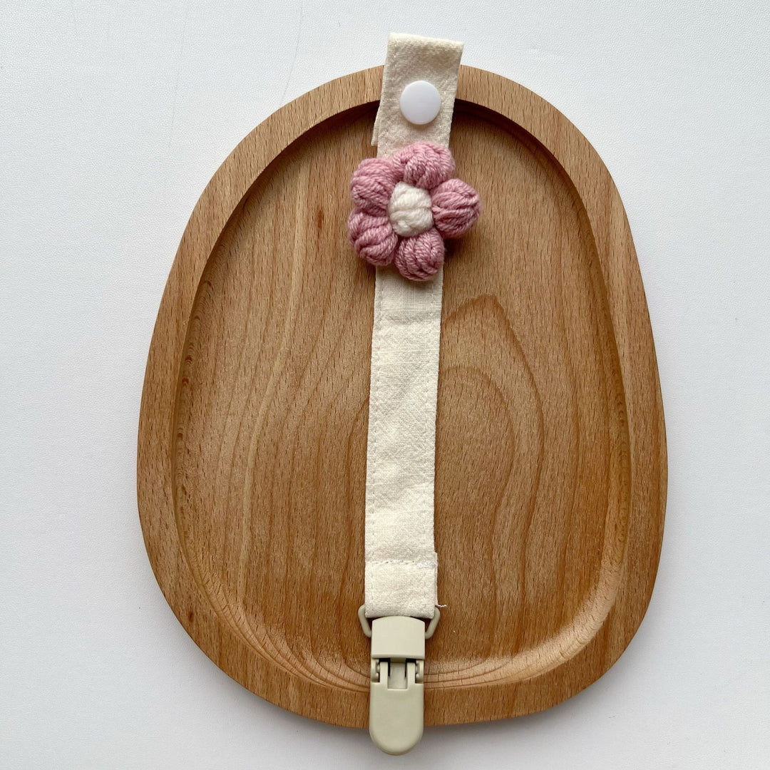 Crocheted Flower Pacifier and Teether Clip with Organic Cotton Strap