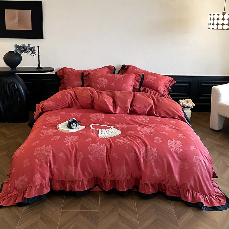 Luxurious cotton satin bedding set with decorative ruffle and contrasting edge finishing