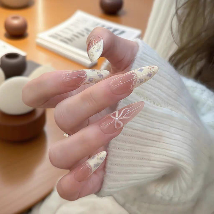 Elegant Press-On Nail Set with Floral and Bow Design Kalsten