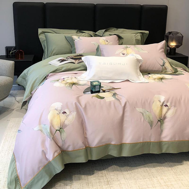 Premium Satin Duvet Cover Set with Delicate Watercolor Floral Print and Elegant Ruffle Edge