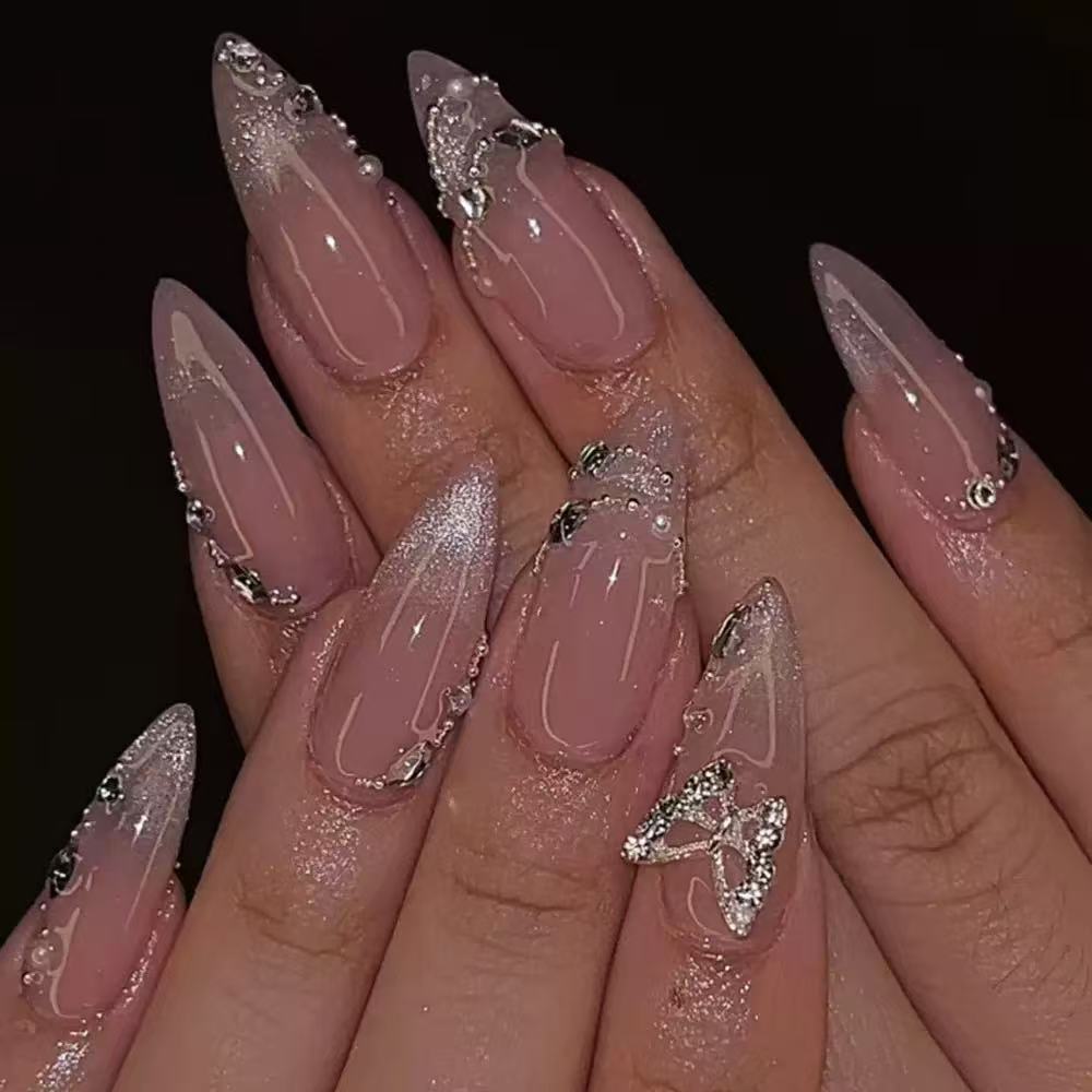Glamorous Stiletto Press-On Nail Art with Glittering Embellishments Kalsten