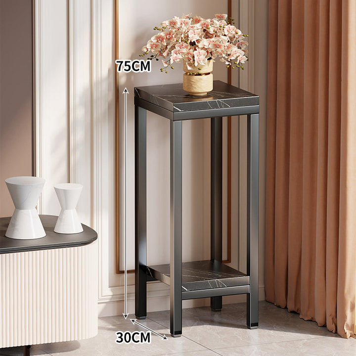 Tall Narrow Marble-Top Plant Stand Side Table with Lower Shelf and Gold Metal Frame