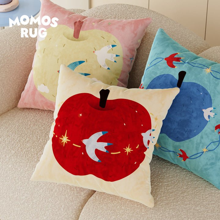 Decorative Velvet Square Throw Pillow with Illustrated Apple & Swallow Motif