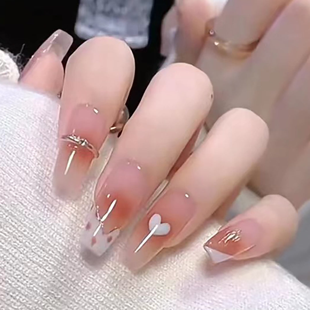 Elegant Long Press-On Nails with Artistic Heart and Gem Accents Kalsten