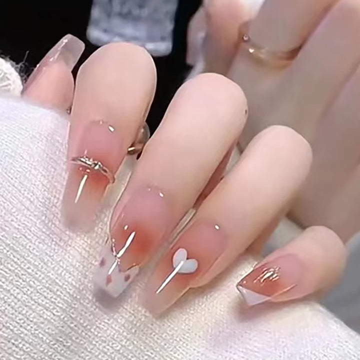 Elegant Long Press-On Nails with Artistic Heart and Gem Accents Kalsten
